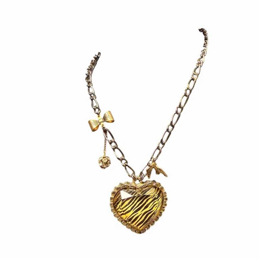 Betsey Johnson Zebra Stripe Adjustable Heart Pendant Charm Necklace N19